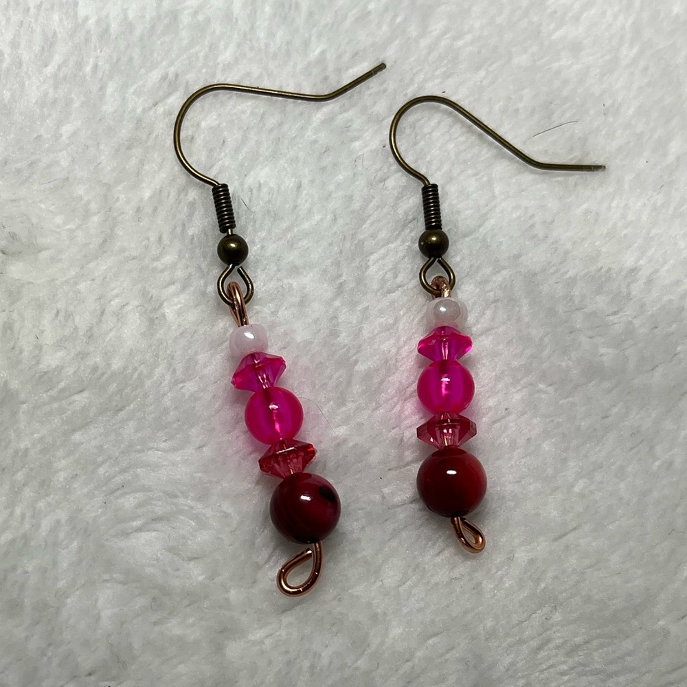 Homemade pink beaded earrings